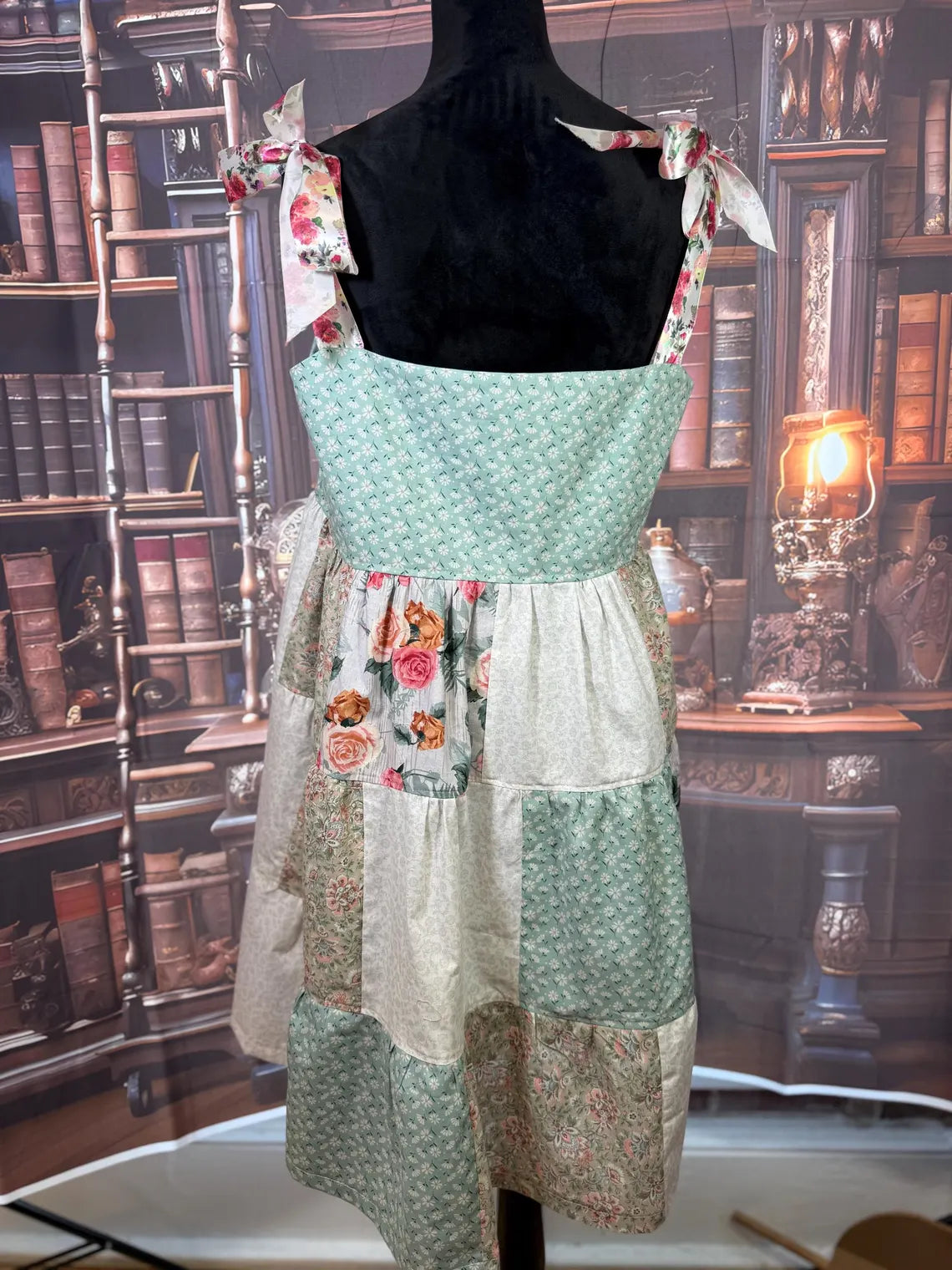 Handmade Patchwork Dress with Embroidered Bodice and Floral Ties | Size L
