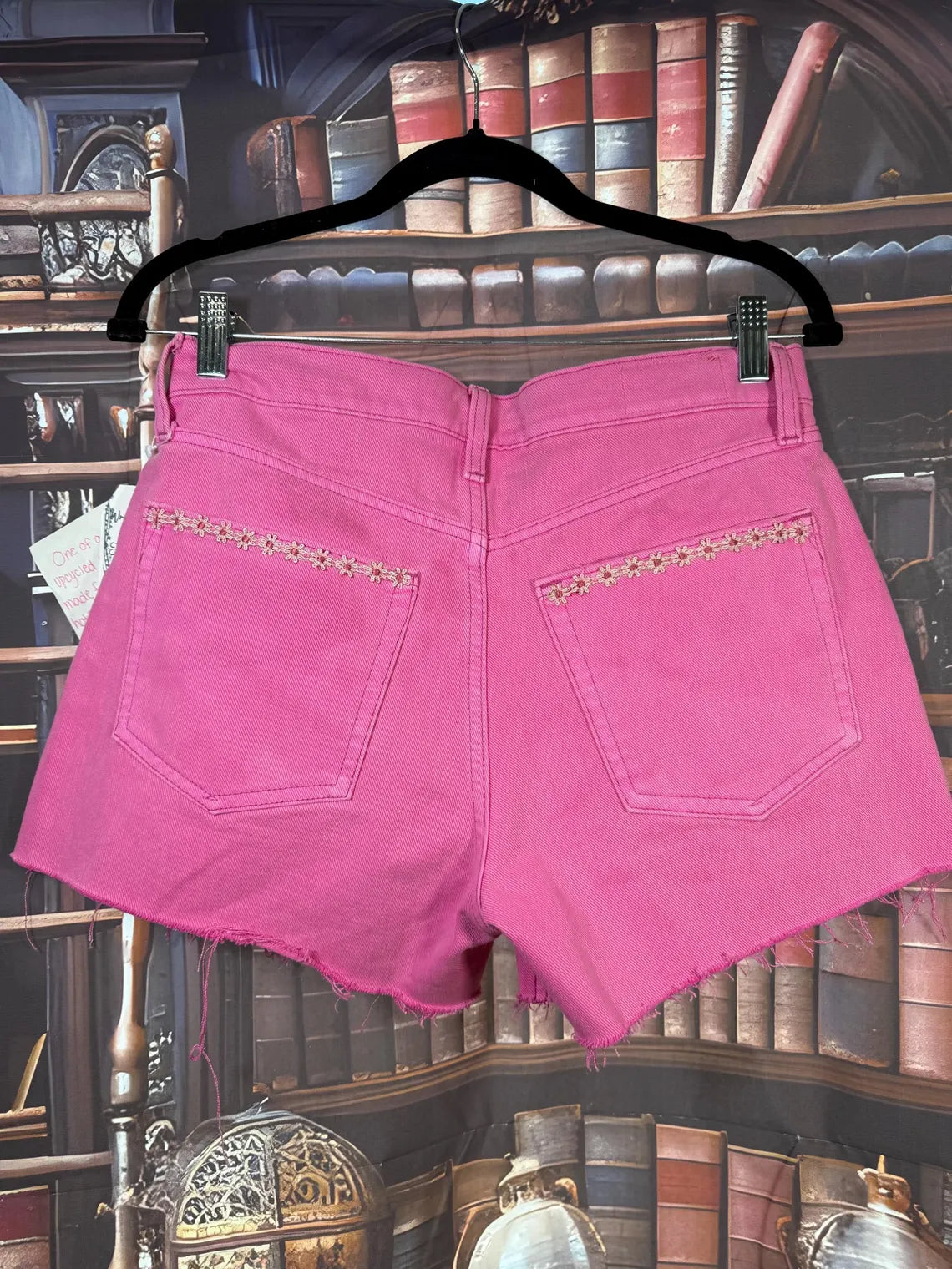 Upcycled Pink Denim Shorts with Fussy Cut Florals & Brooch | Size 4