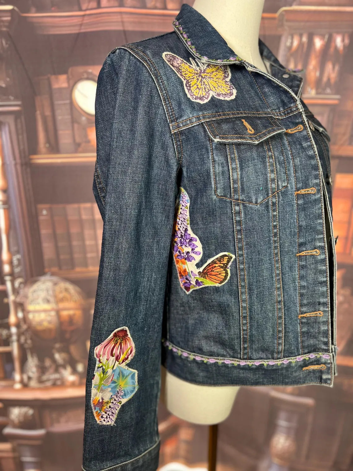 Upcycled Boho Garden Denim Jacket with Vintage Trim & Butterfly Details | 40in Bust