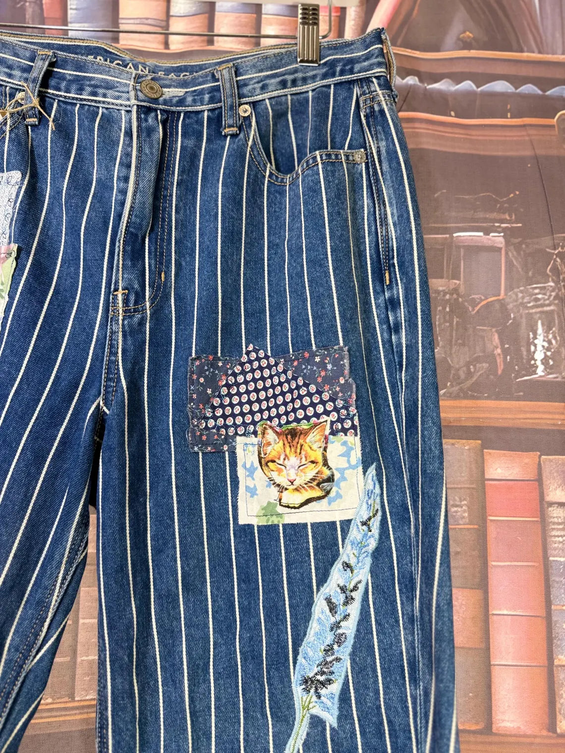 Patchwork Cat Jeans: Floral Applique, Butterfly Accent | Size 8