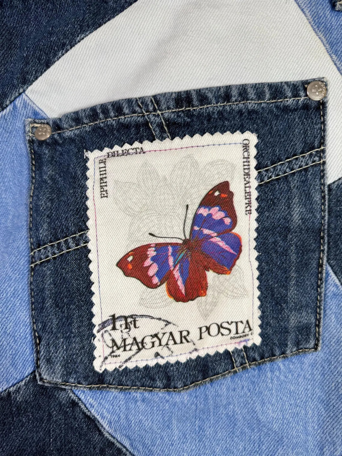 Upcycled Patchwork Denim Mini Skirt with Vintage Ribbon & Brooch | Size S