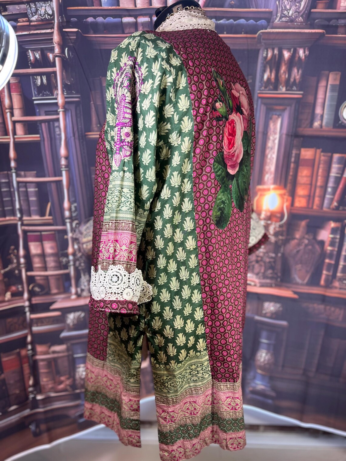 Upcycled Cardigan – Boho Kimono Jacket with Vintage Floral Print | Size L