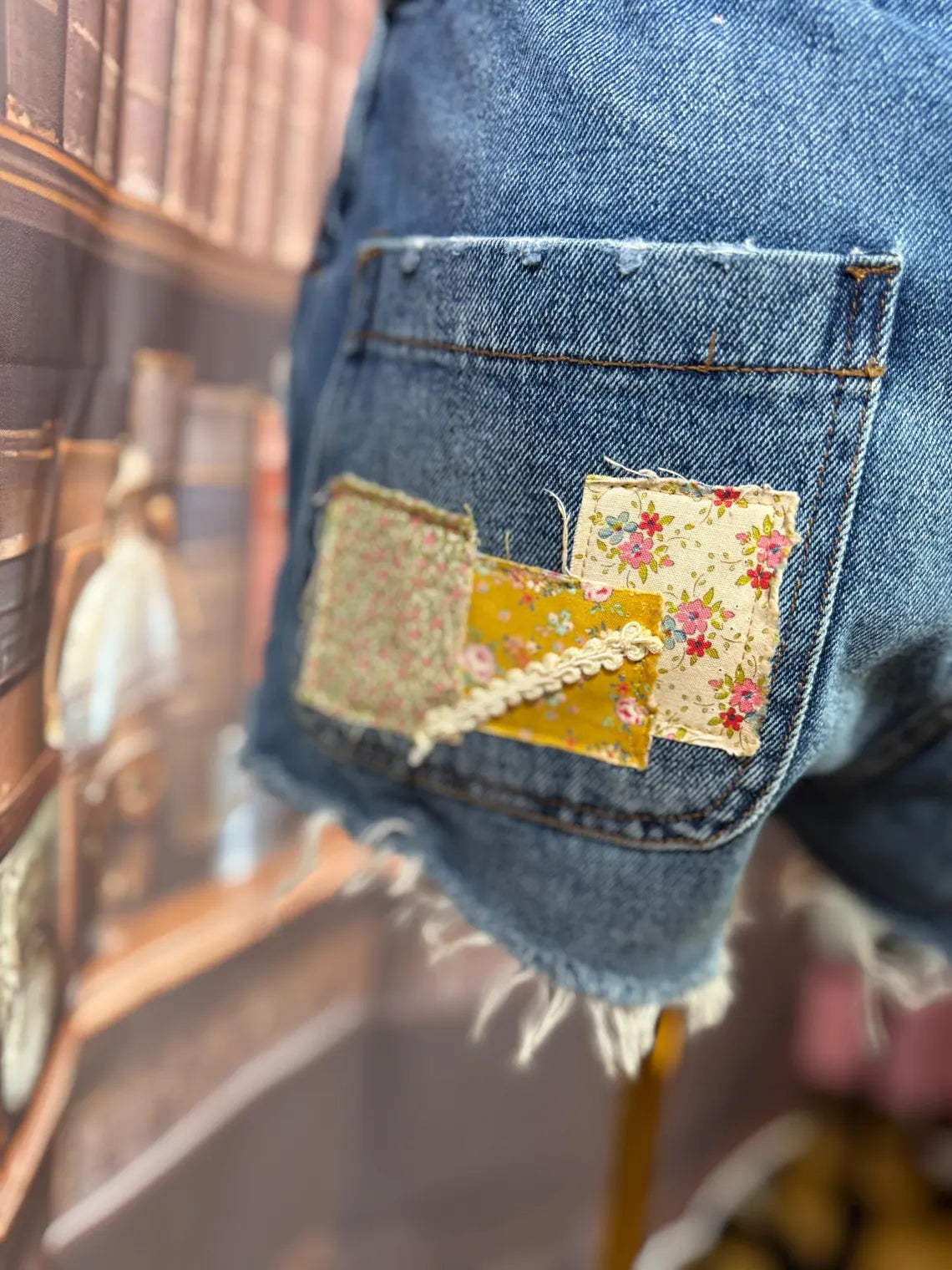 Upcycled Denim Overall Shorts with Embroidered Beetle and Patchwork Butterflies | Size XS