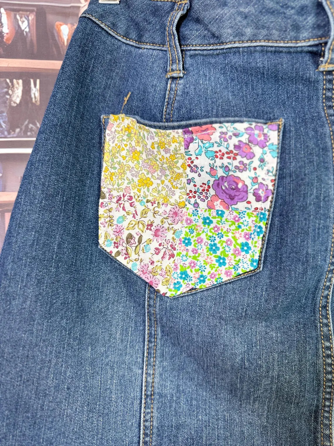 Patchwork Denim Skirt with Floral Panels and Butterfly Accents | Size 6