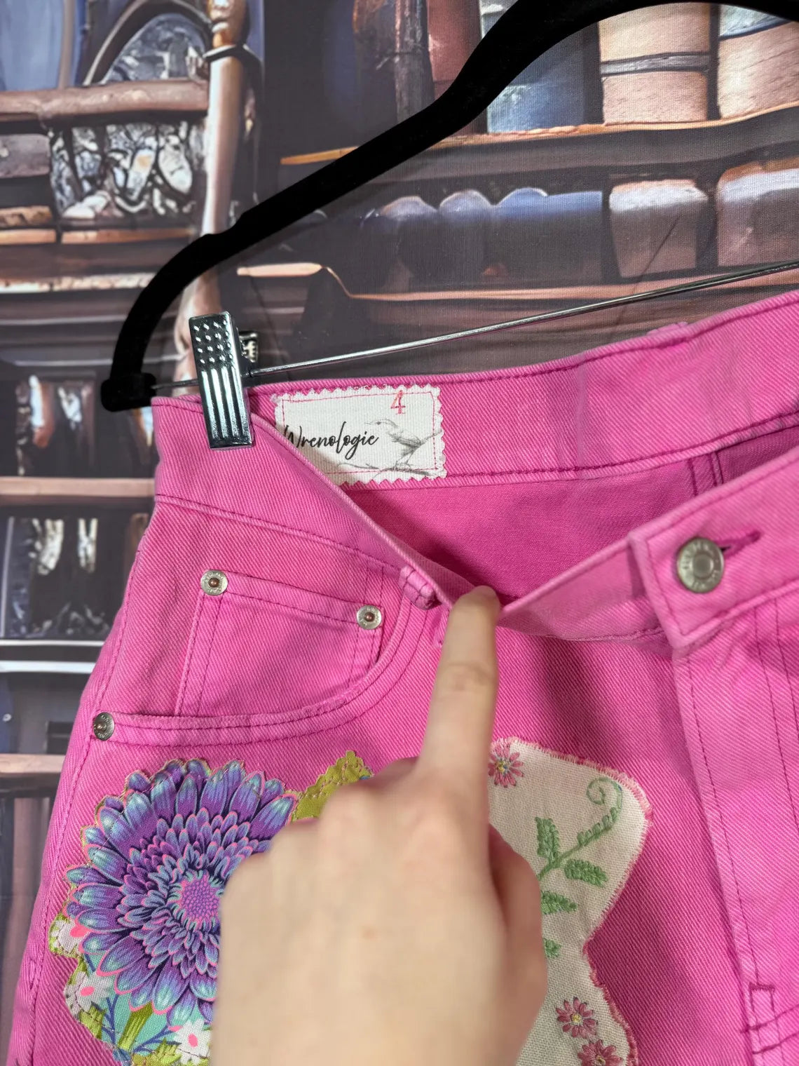 Upcycled Pink Denim Shorts with Fussy Cut Florals & Brooch | Size 4