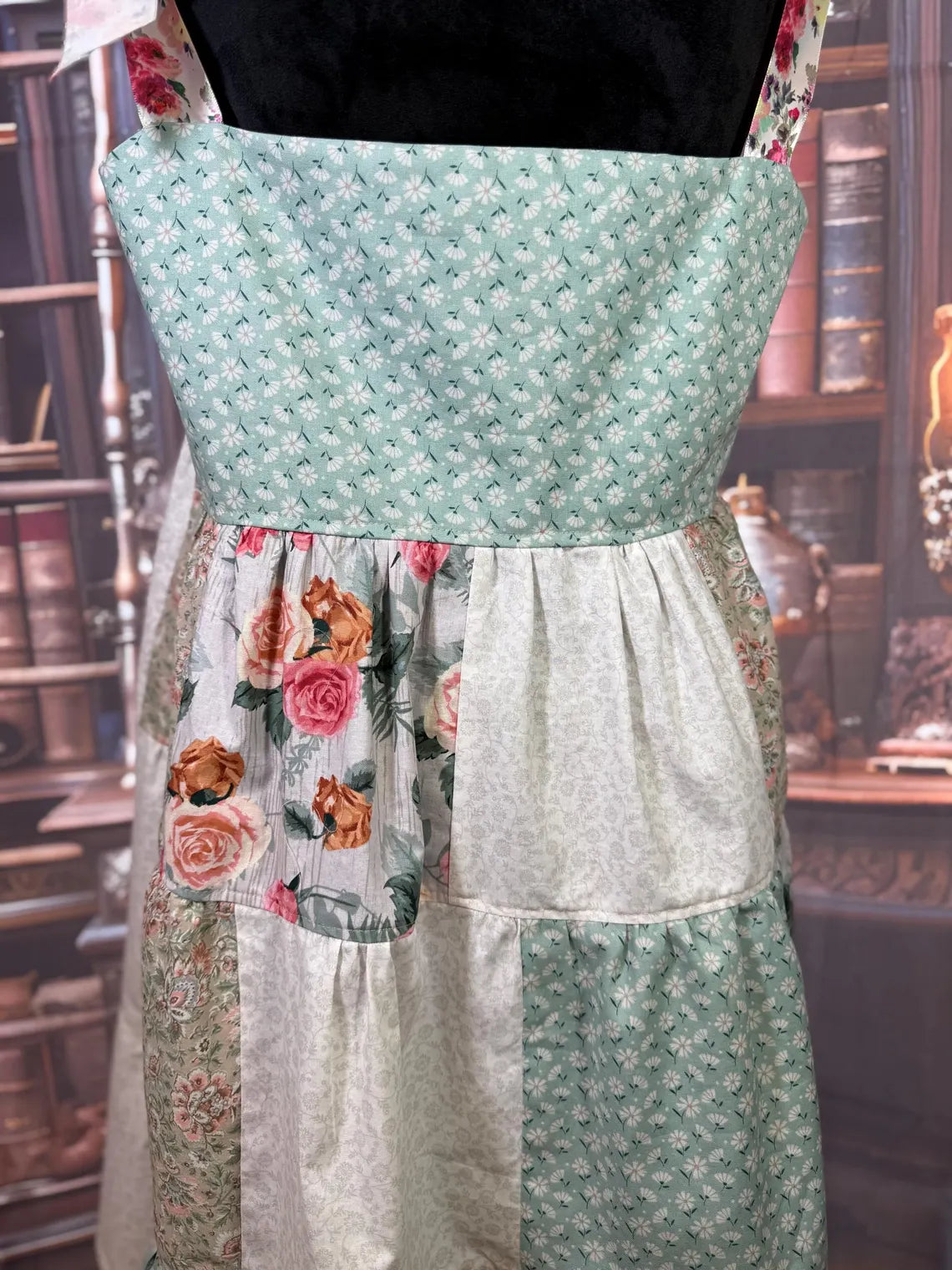 Handmade Patchwork Dress with Embroidered Bodice and Floral Ties | Size L