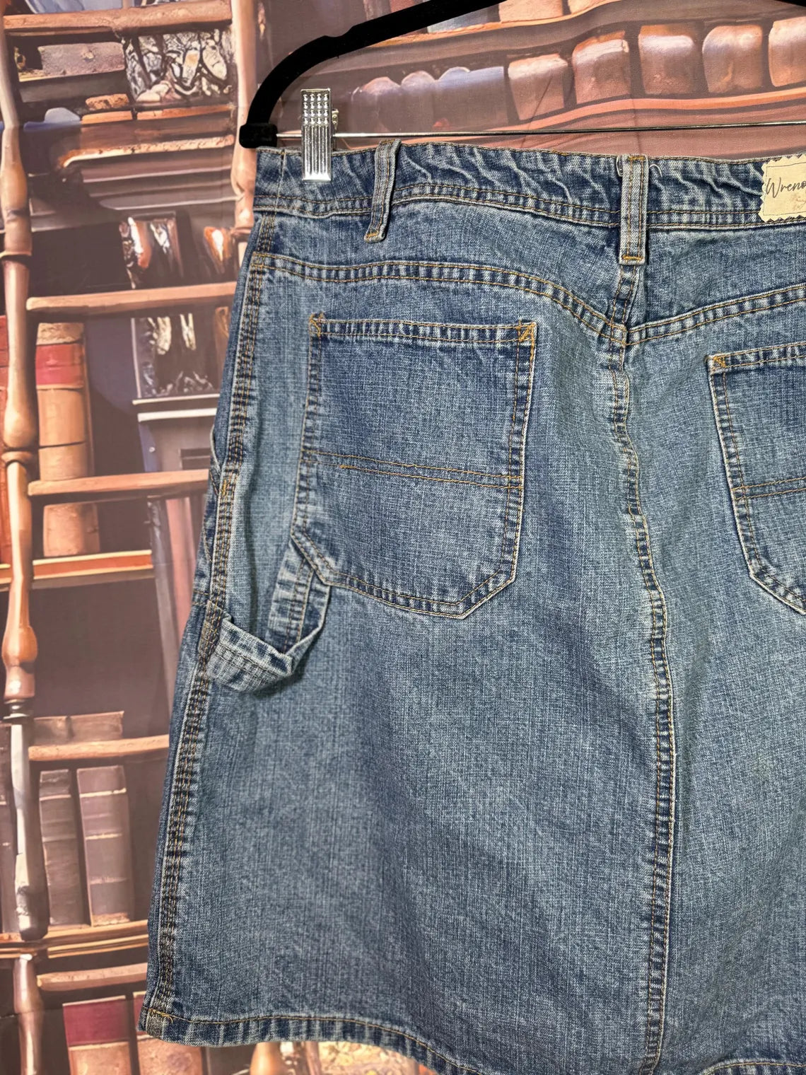 Upcycled Denim Skirt with Floral Applique, Daisy Patch and Cat Pocket | Size S