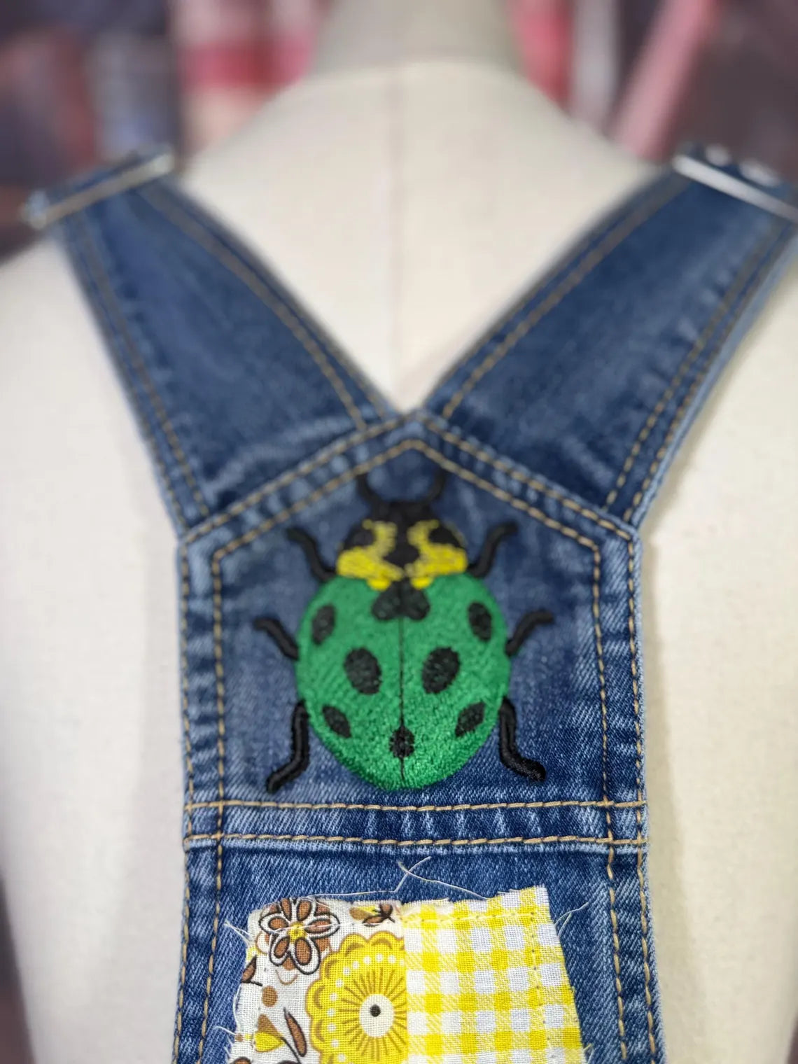 Upcycled Denim Overalls with Butterfly Patches and Embroidered Bug | Size L