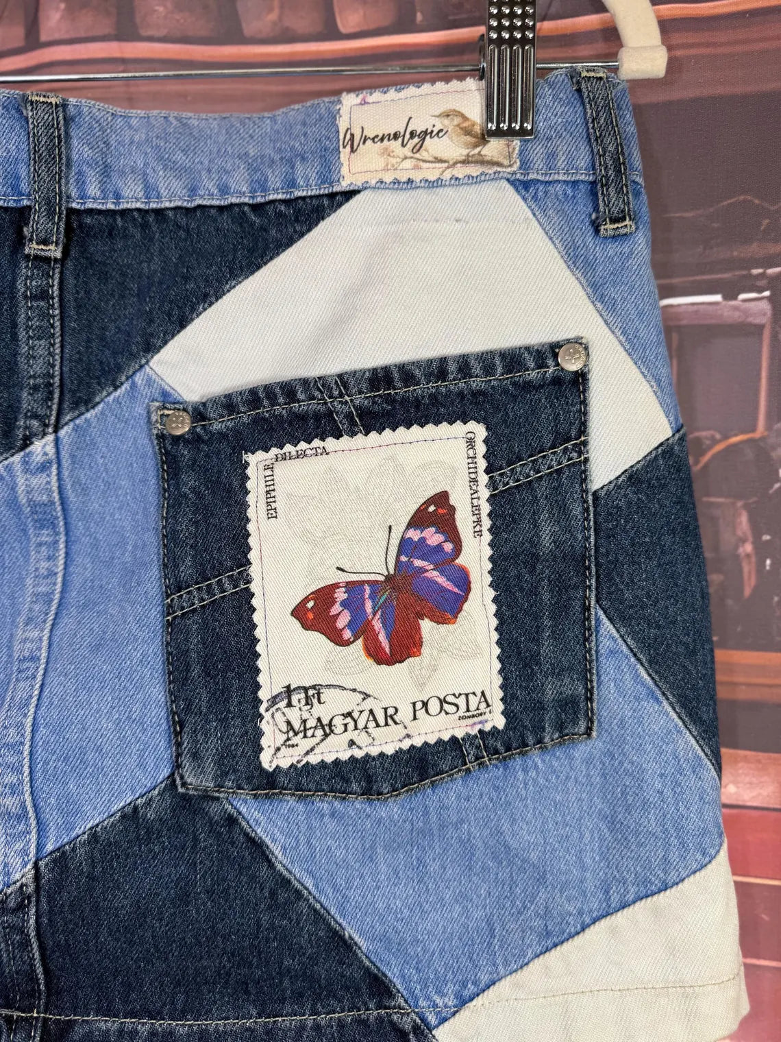 Upcycled Patchwork Denim Mini Skirt with Vintage Ribbon & Brooch | Size S