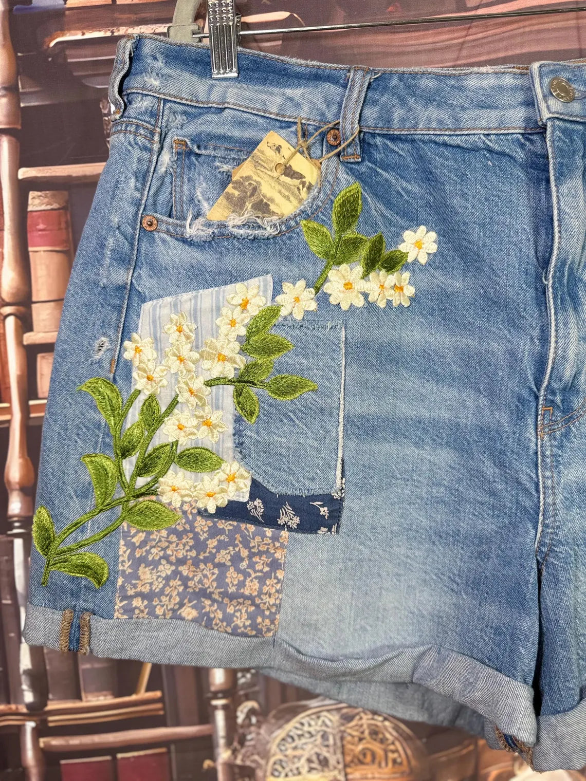 Upcycled Denim Shorts with Puppy Patches & Butterfly Accents | Size 20