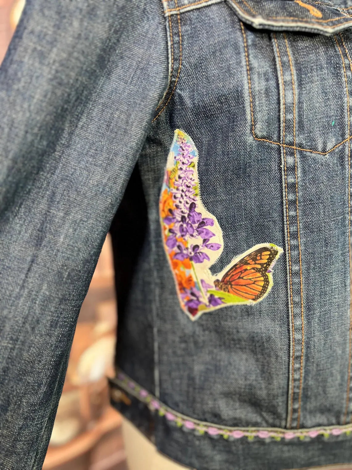 Upcycled Boho Garden Denim Jacket with Vintage Trim & Butterfly Details | 40in Bust