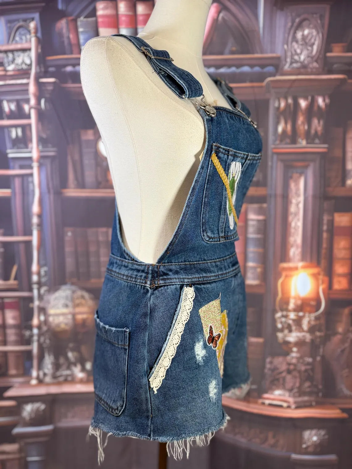 Upcycled Denim Overall Shorts with Embroidered Beetle and Patchwork Butterflies | Size XS