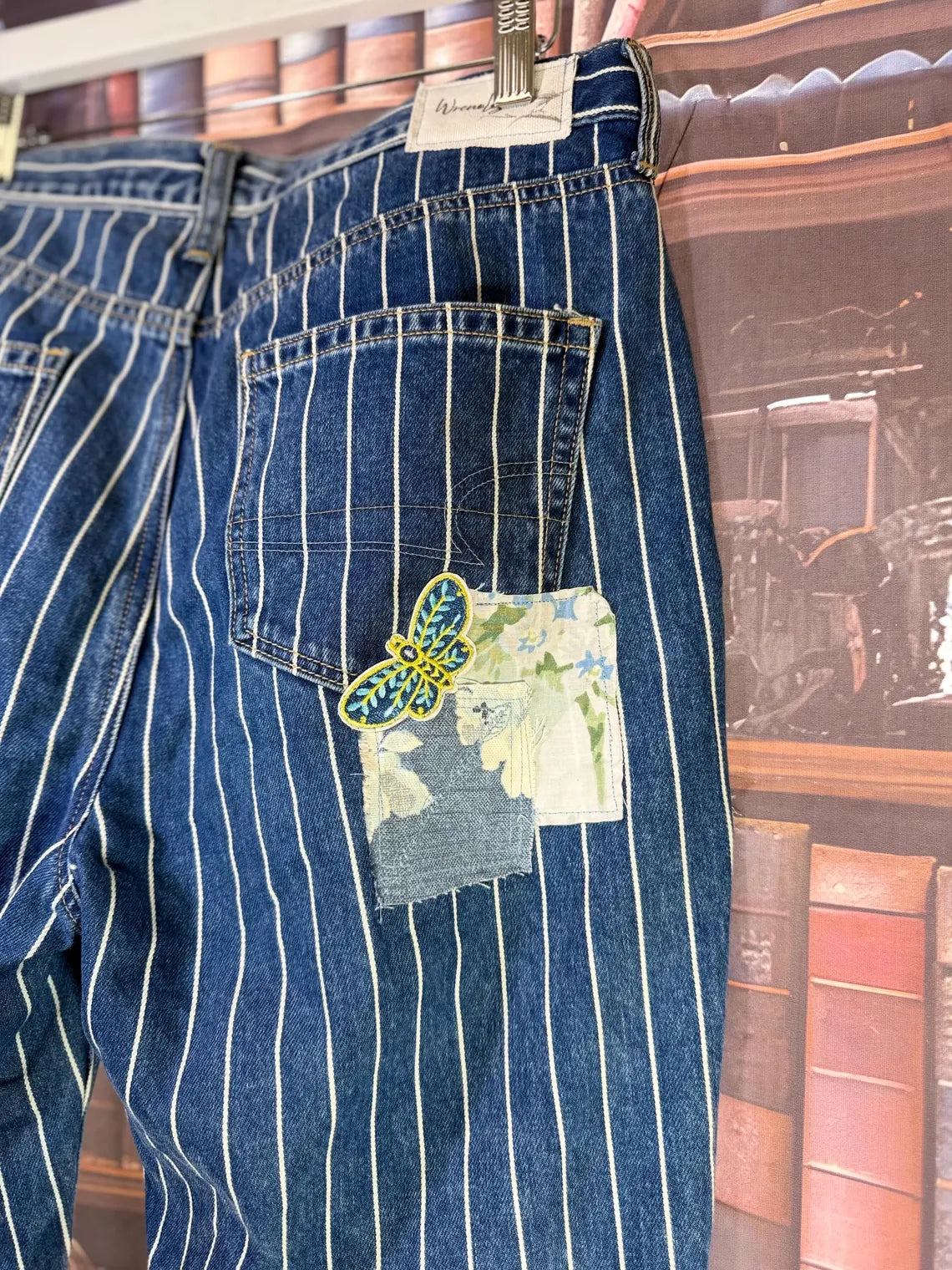 Patchwork Cat Jeans: Floral Applique, Butterfly Accent | Size 8