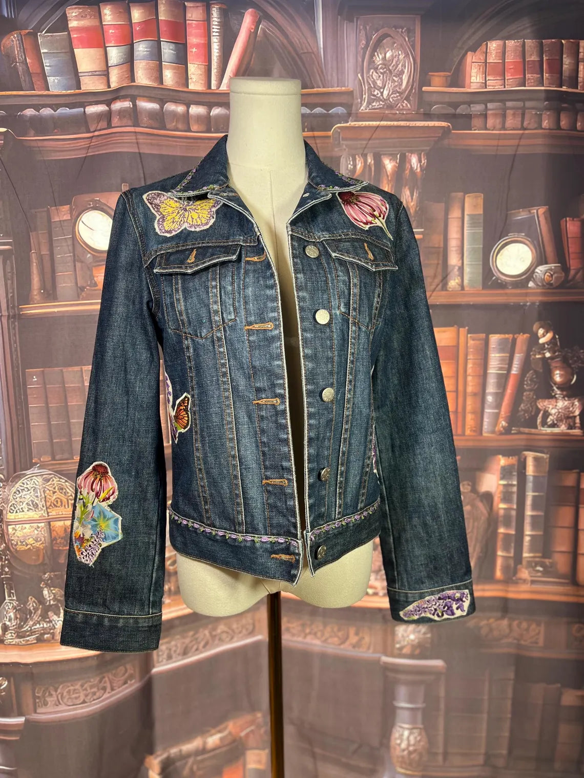 Upcycled Boho Garden Denim Jacket with Vintage Trim & Butterfly Details | 40in Bust