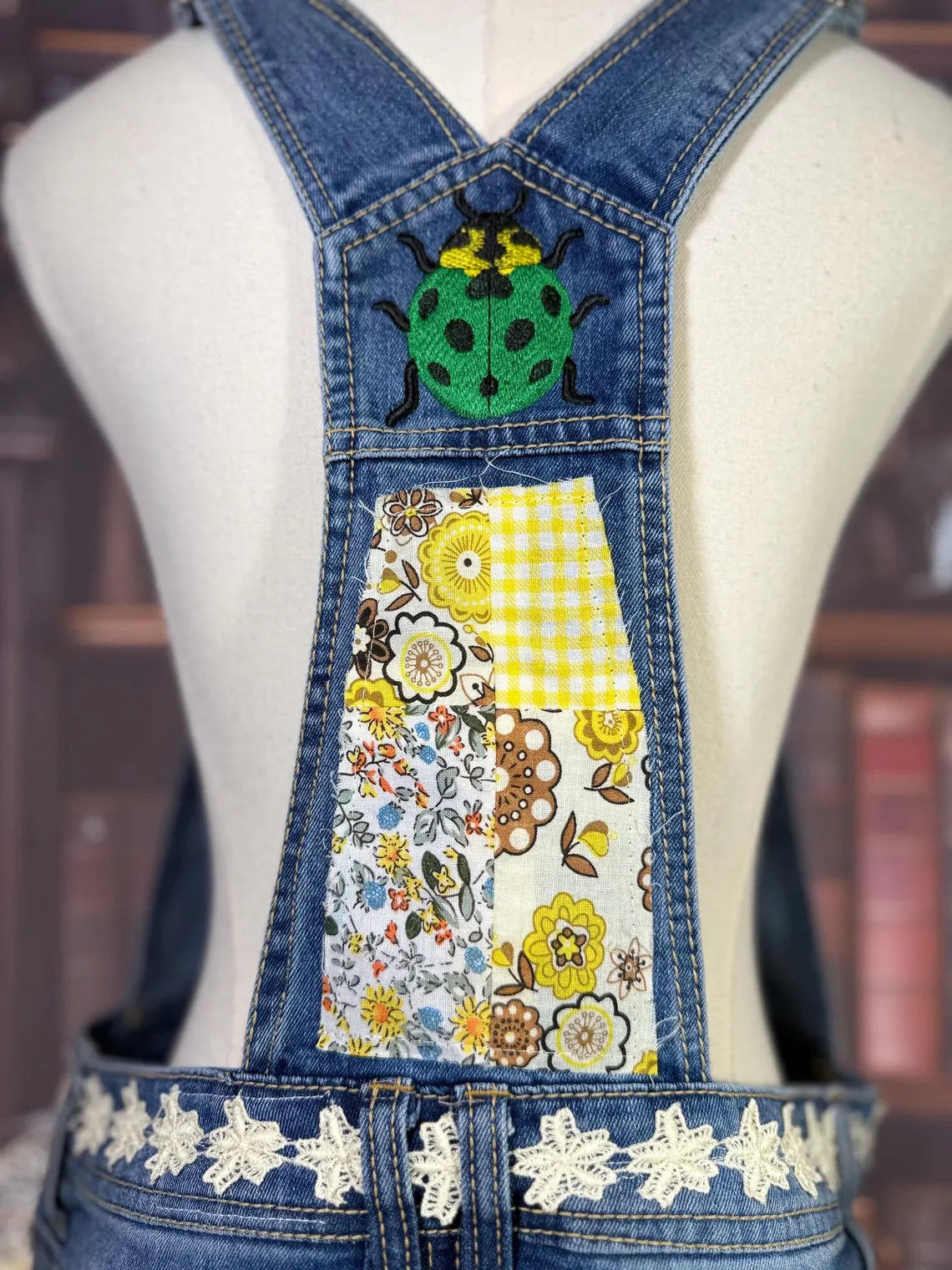 Upcycled Denim Overalls with Butterfly Patches and Embroidered Bug | Size L