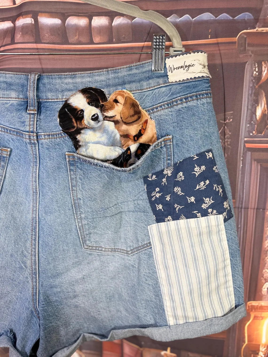 Upcycled Denim Shorts with Puppy Patches & Butterfly Accents | Size 20