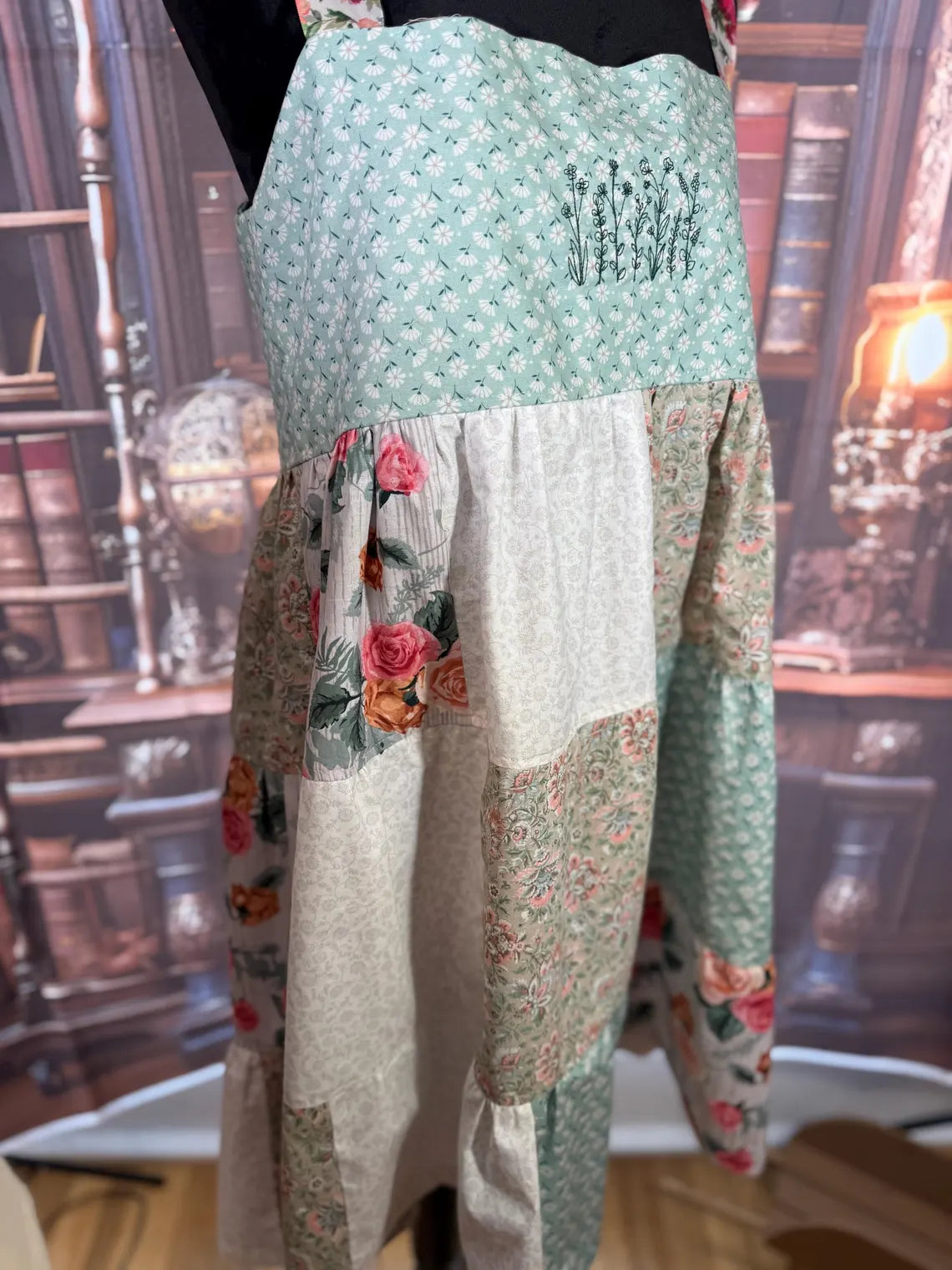 Handmade Patchwork Dress with Embroidered Bodice and Floral Ties | Size L