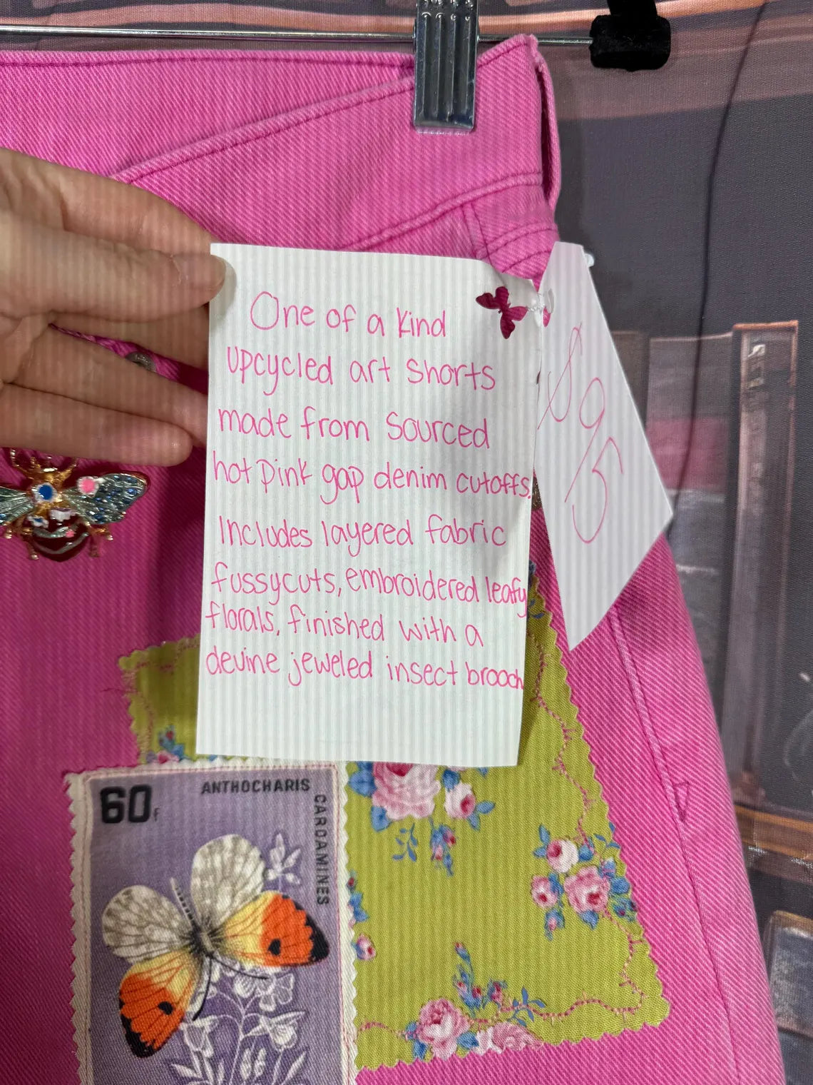 Upcycled Pink Denim Shorts with Fussy Cut Florals & Brooch | Size 4