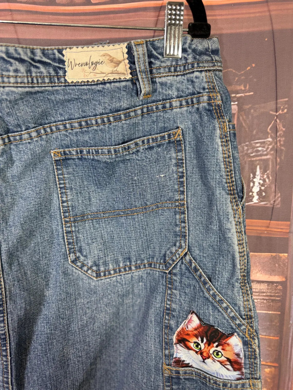 Upcycled Denim Skirt with Floral Applique, Daisy Patch and Cat Pocket | Size S