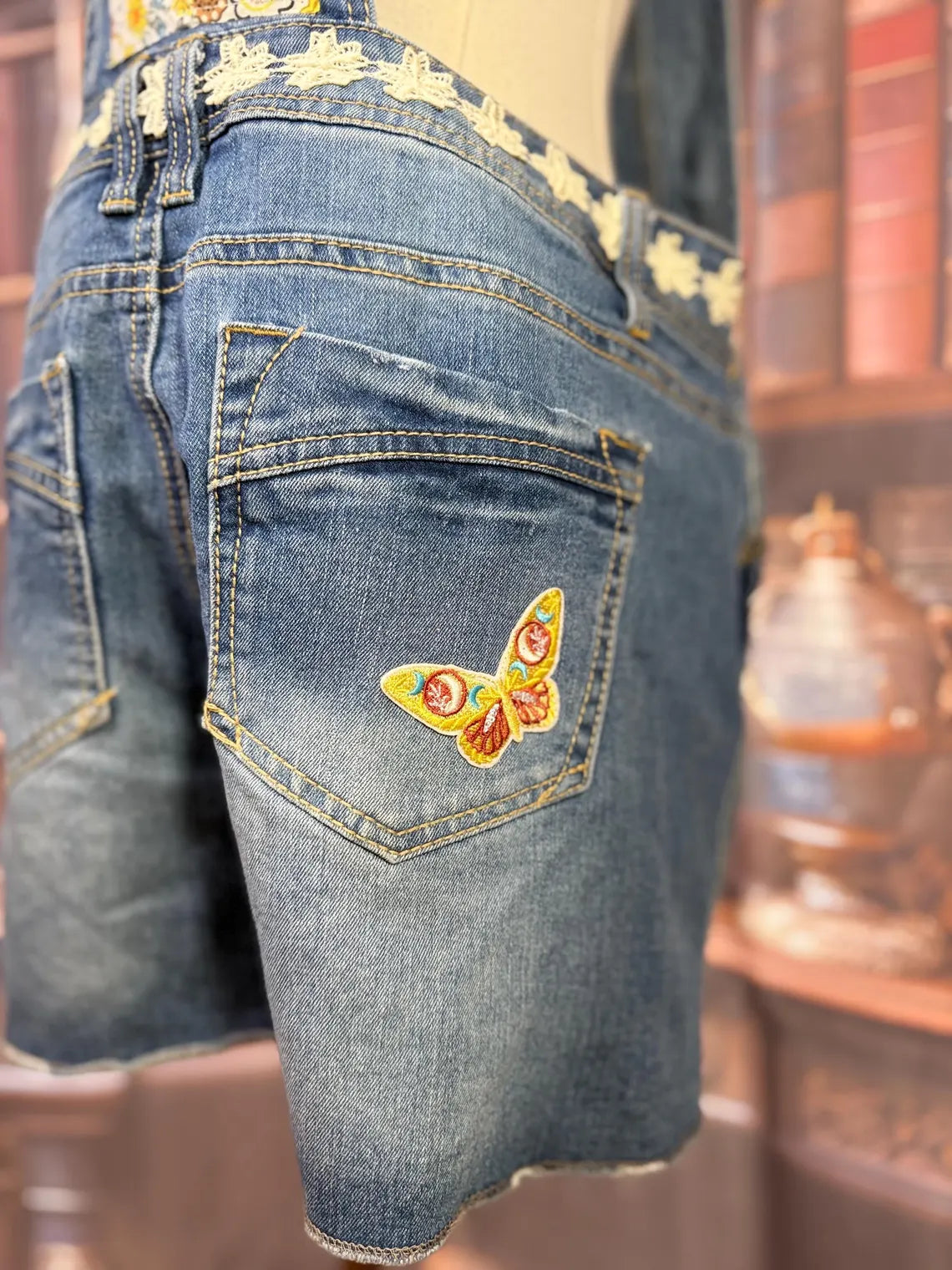 Upcycled Denim Overalls with Butterfly Patches and Embroidered Bug | Size L