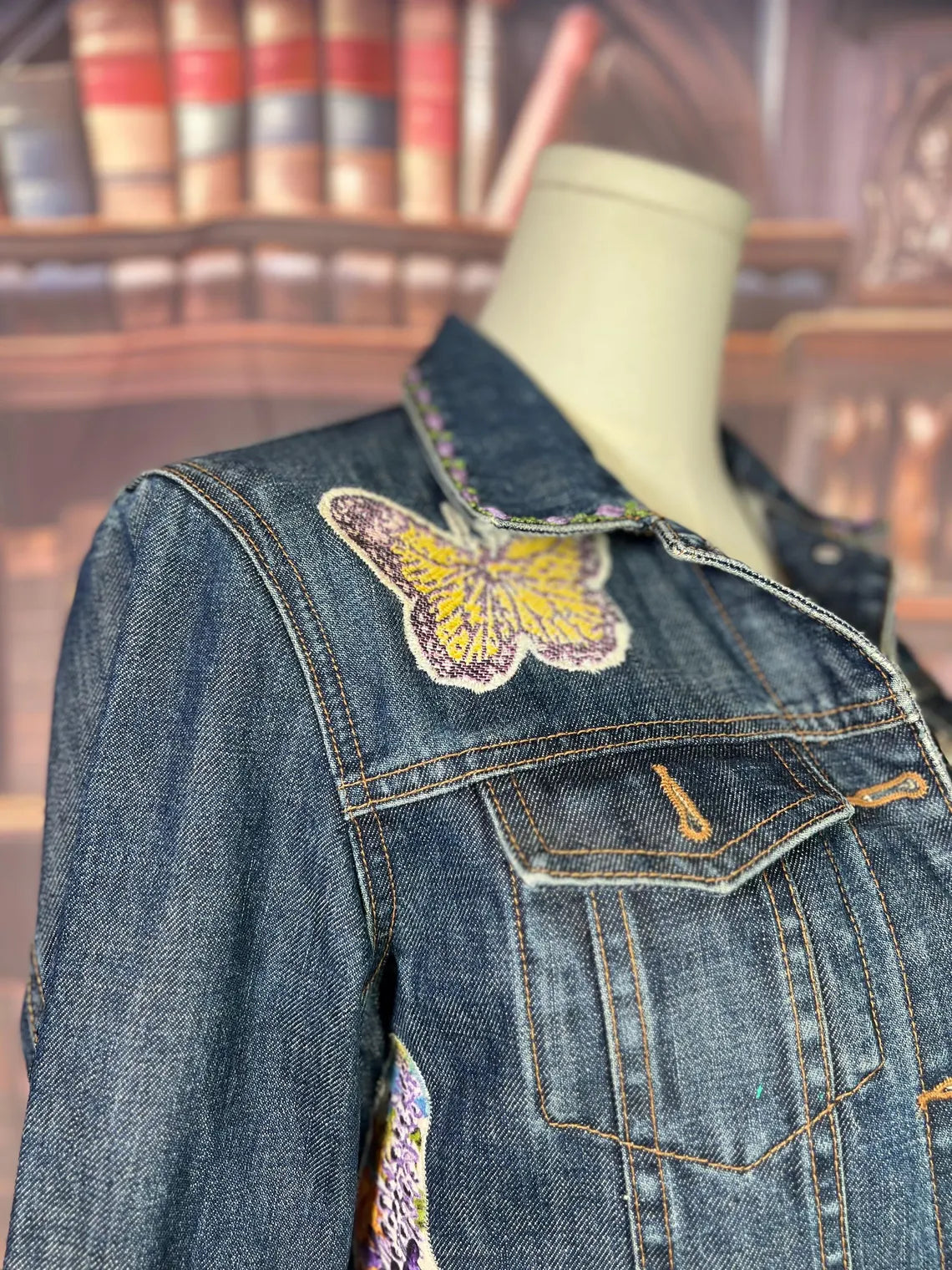 Upcycled Boho Garden Denim Jacket with Vintage Trim & Butterfly Details | 40in Bust
