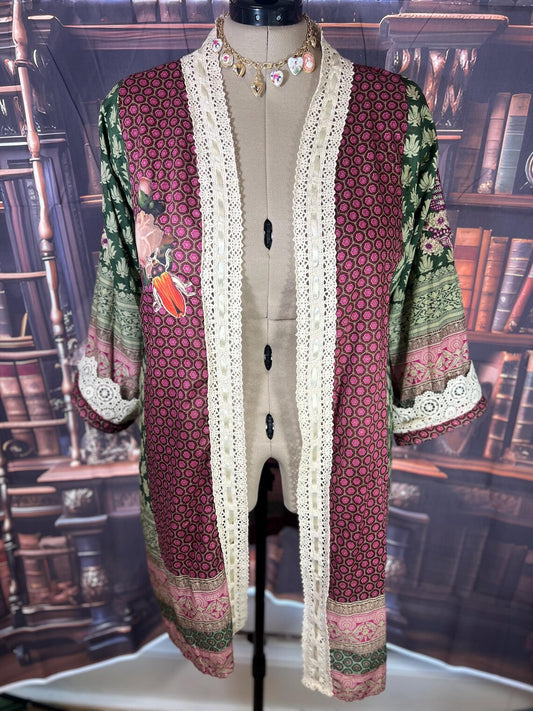 Upcycled Cardigan – Boho Kimono Jacket with Vintage Floral Print | Size L
