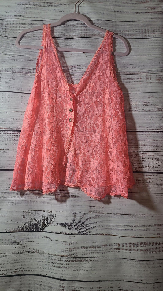 Spectacular Vintage Pink Lace Top with Rhinestone Buttons | Size M
