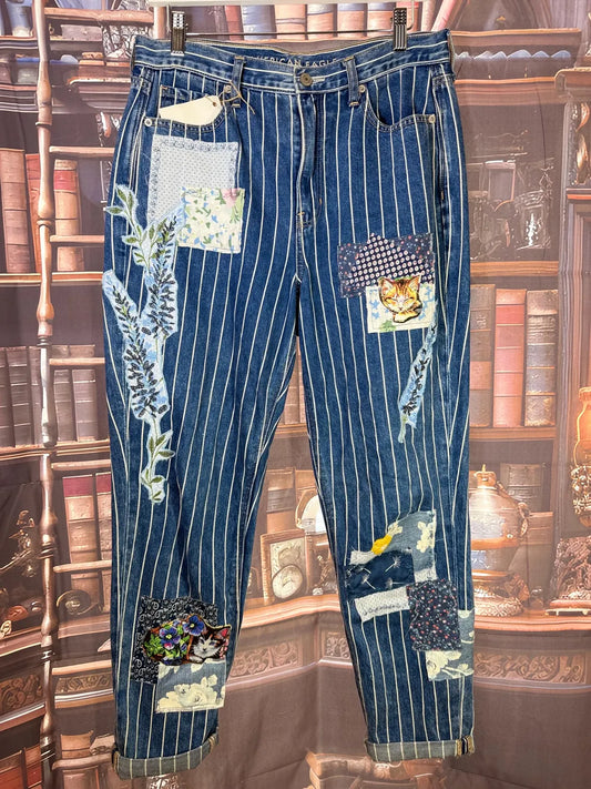 Patchwork Cat Jeans: Floral Applique, Butterfly Accent | Size 8