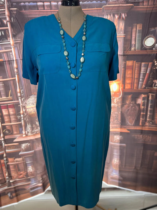 Tess 100% Silk Teal Button Front Dress | Size 14W