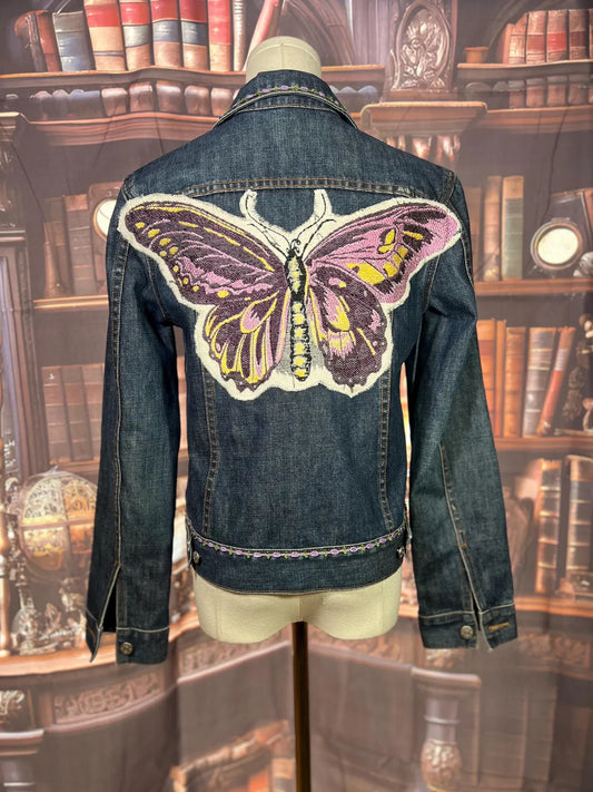 Upcycled Boho Garden Denim Jacket with Vintage Trim & Butterfly Details | 40in Bust