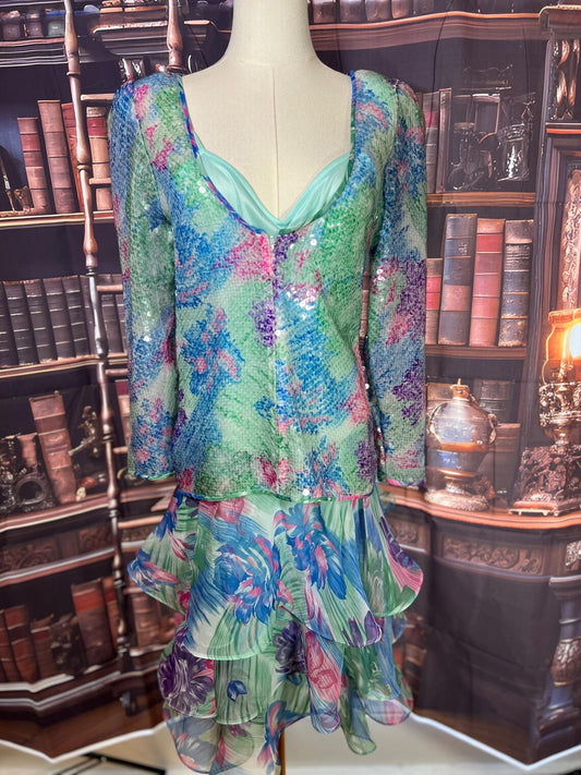 Lilly Rubin USA Made Sequin Tiered Floral Dress | Size 6