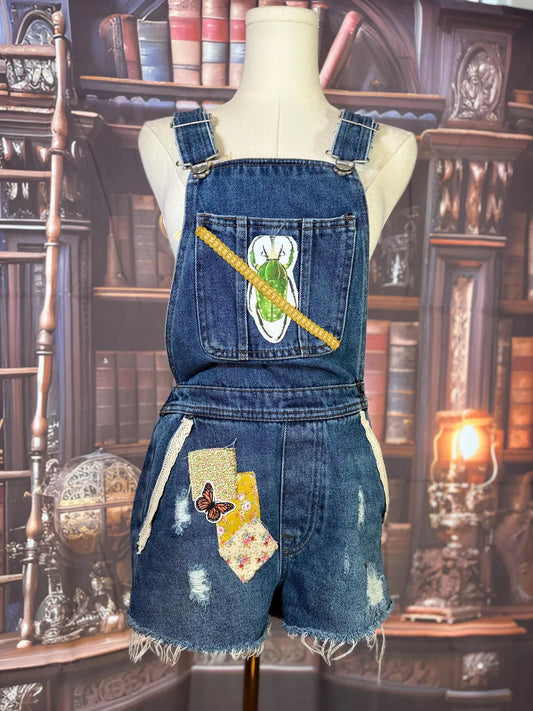 Upcycled Denim Overall Shorts with Embroidered Beetle and Patchwork Butterflies | Size XS
