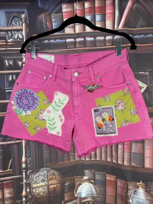 Upcycled Pink Denim Shorts with Fussy Cut Florals & Brooch | Size 4