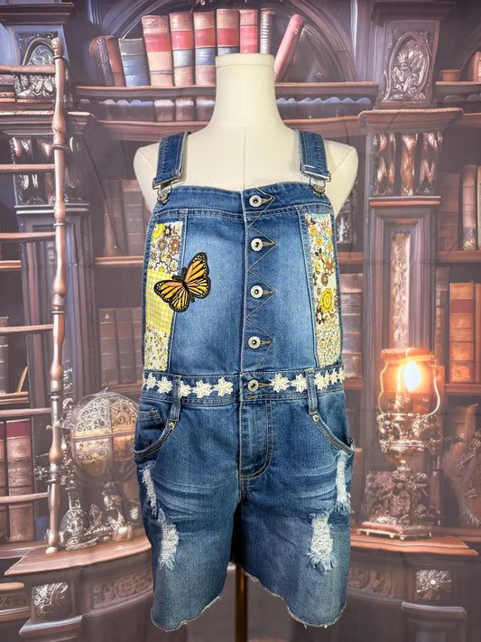 Upcycled Denim Overalls with Butterfly Patches and Embroidered Bug | Size L