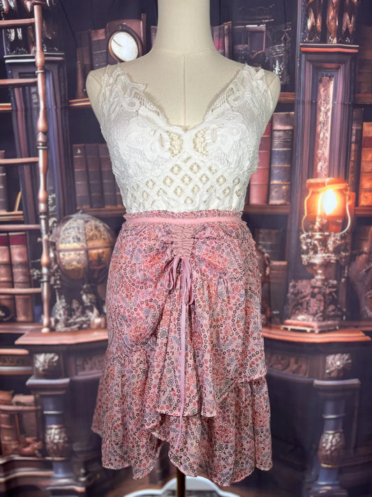 Handmade Upcycled Boho Ruffle Skirt / Pink Floral Lace-Up Waist Mini / Cottagecore | 32in Waist