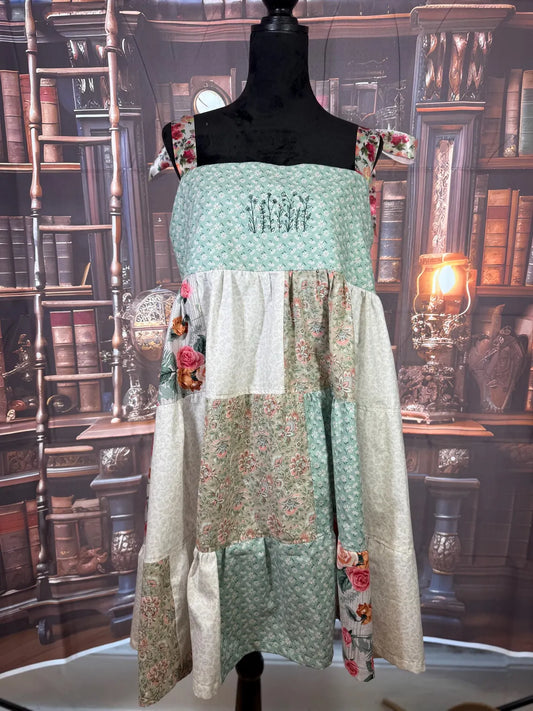 Handmade Patchwork Dress with Embroidered Bodice and Floral Ties | Size L
