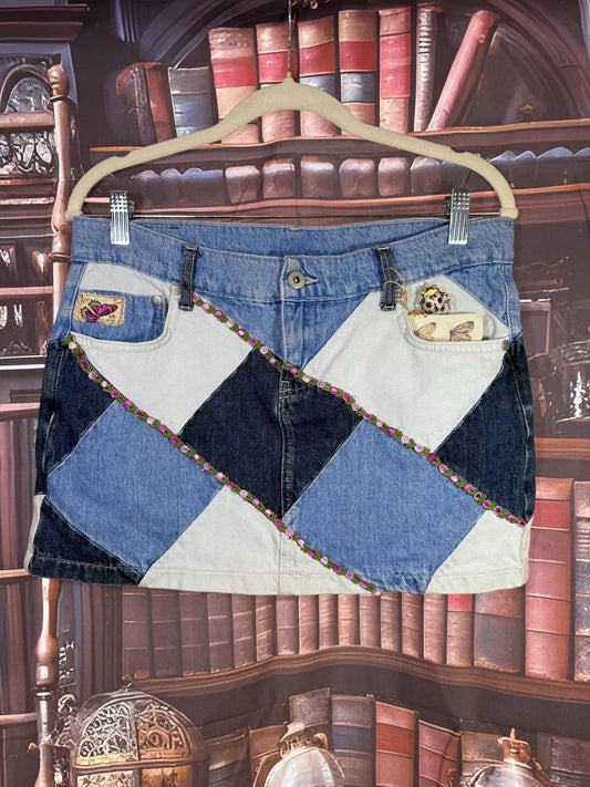 Upcycled Patchwork Denim Mini Skirt with Vintage Ribbon & Brooch | Size S
