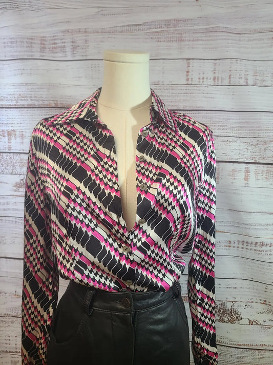 Starington Black And White Pink Houndstooth Silk Blouse | Size 6