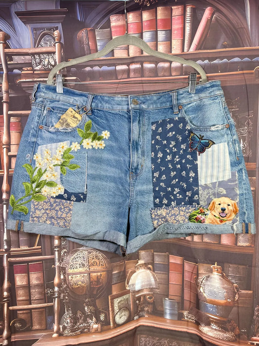 Upcycled Denim Shorts with Puppy Patches & Butterfly Accents | Size 20