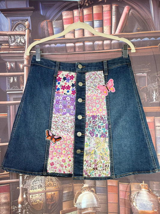Patchwork Denim Skirt with Floral Panels and Butterfly Accents | Size 6