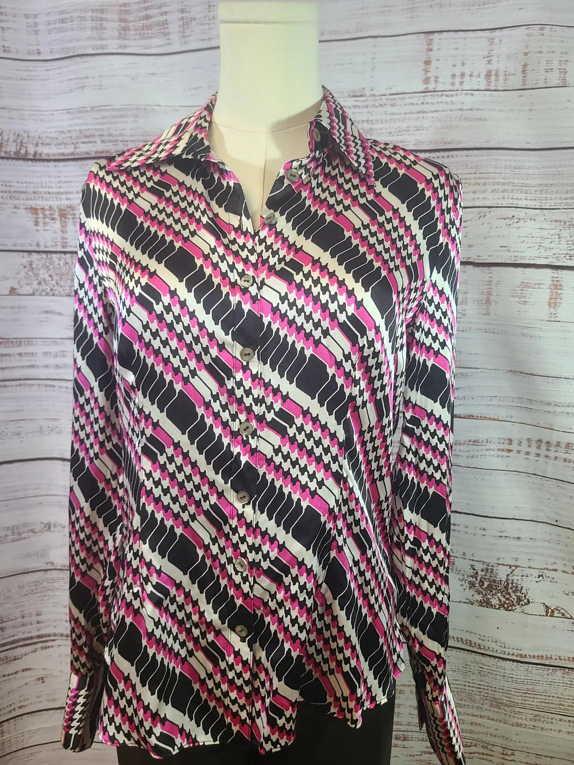 Starington Black And White Pink Houndstooth Silk Blouse | Size 6