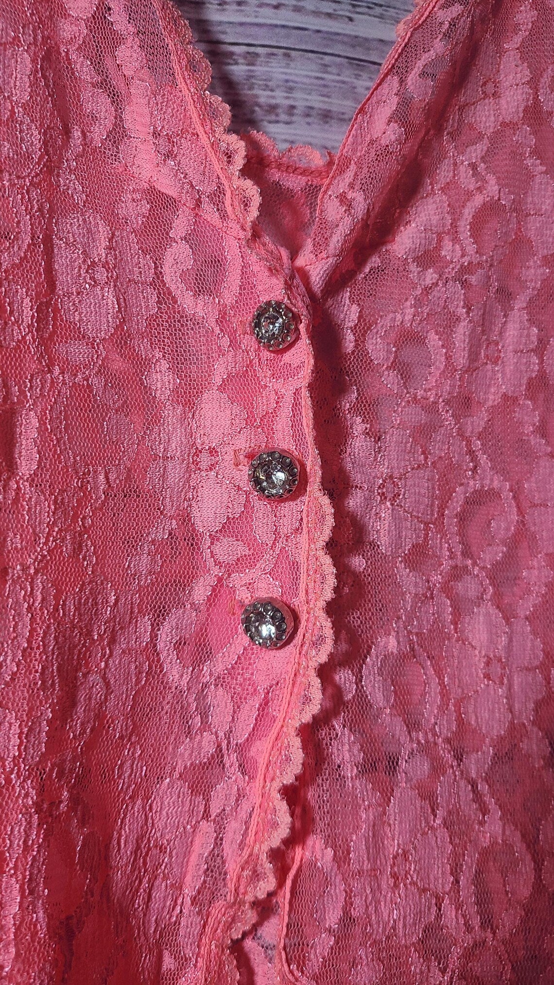Spectacular Vintage Pink Lace Top with Rhinestone Buttons | Size M