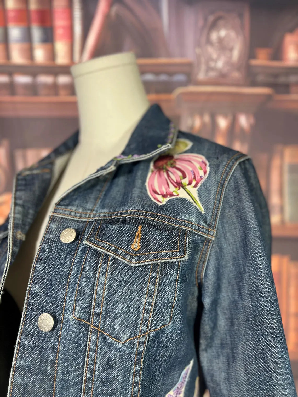 Upcycled Boho Garden Denim Jacket with Vintage Trim & Butterfly Details | 40in Bust