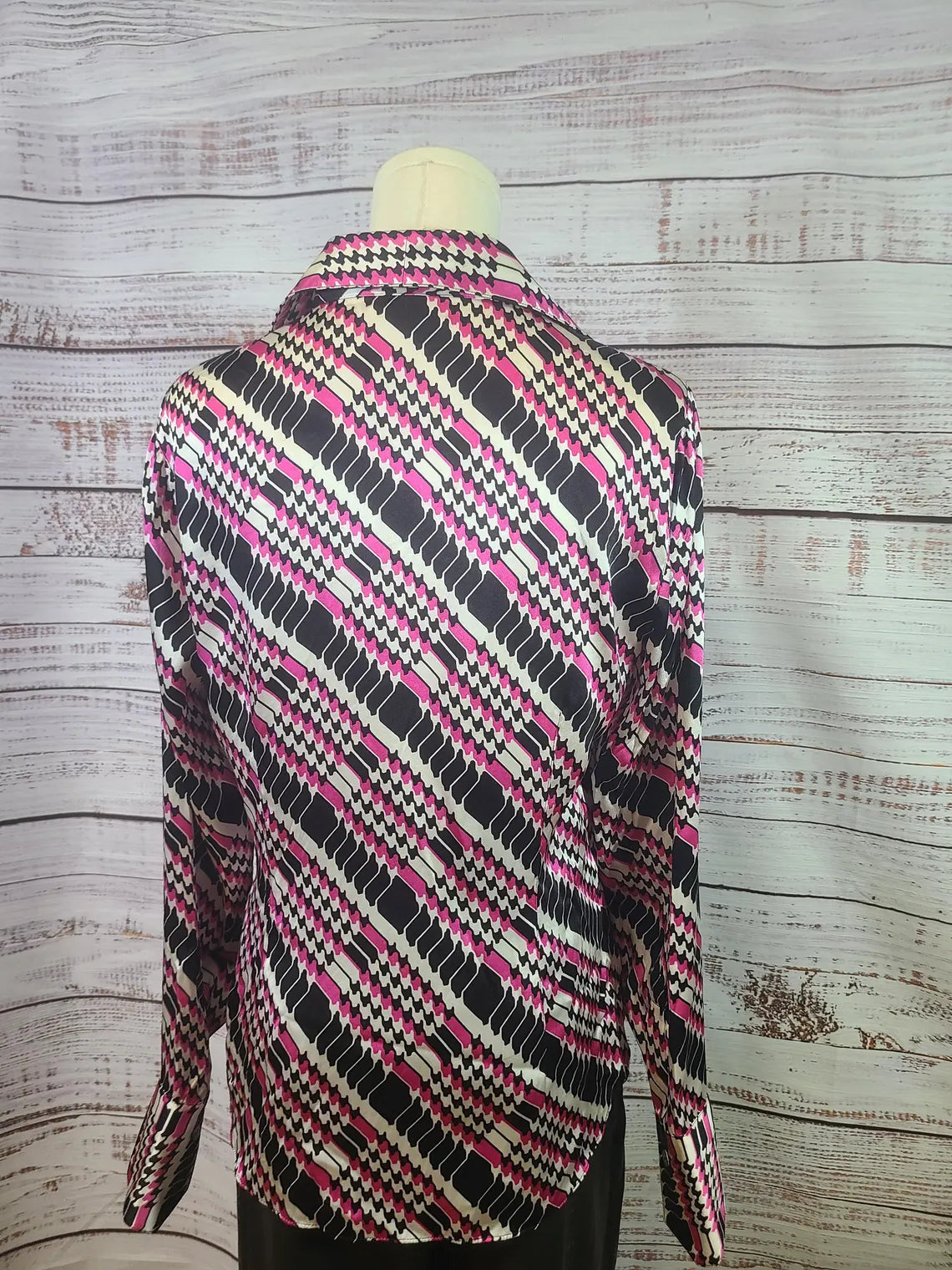 Starington Black And White Pink Houndstooth Silk Blouse | Size 6