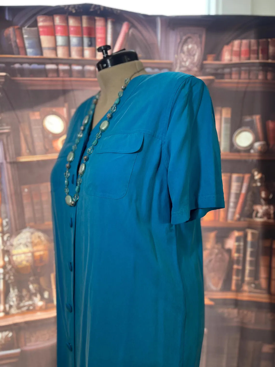 Tess 100% Silk Teal Button Front Dress | Size 14W