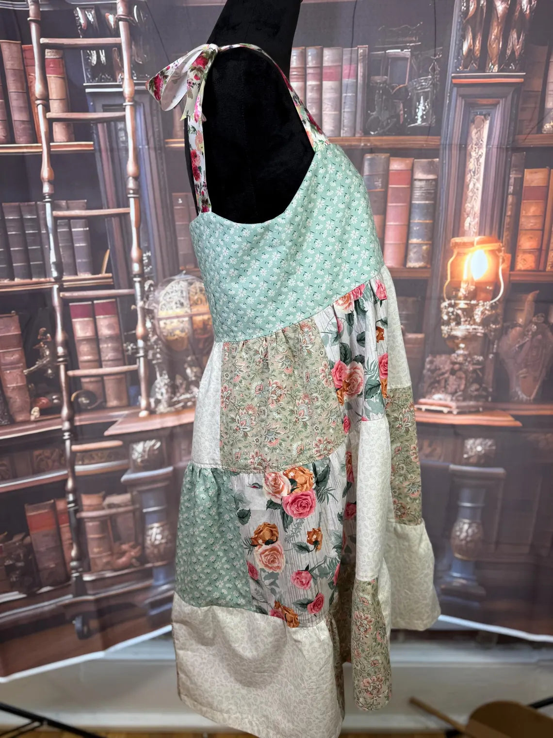 Handmade Patchwork Dress with Embroidered Bodice and Floral Ties | Size L