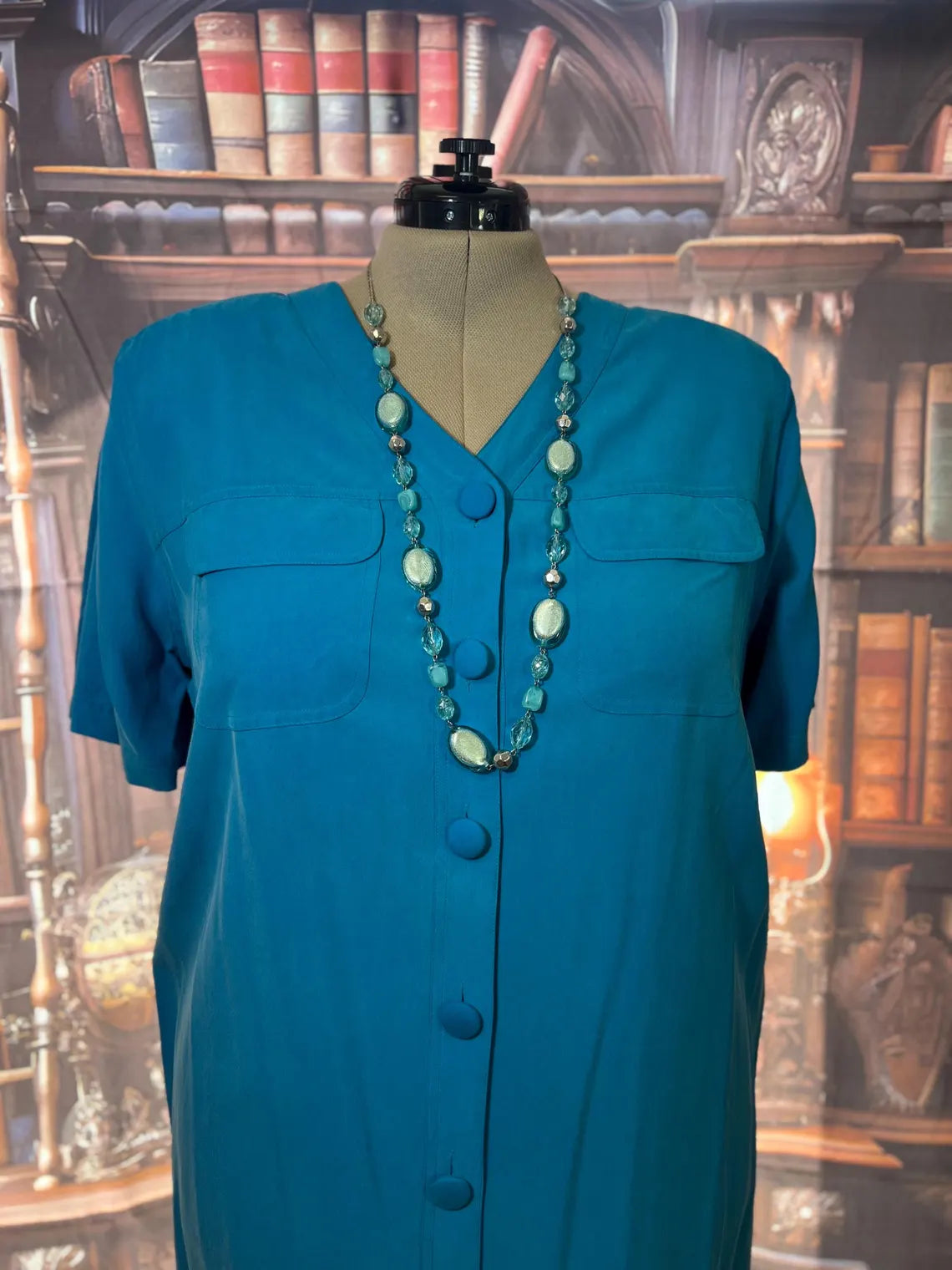 Tess 100% Silk Teal Button Front Dress | Size 14W