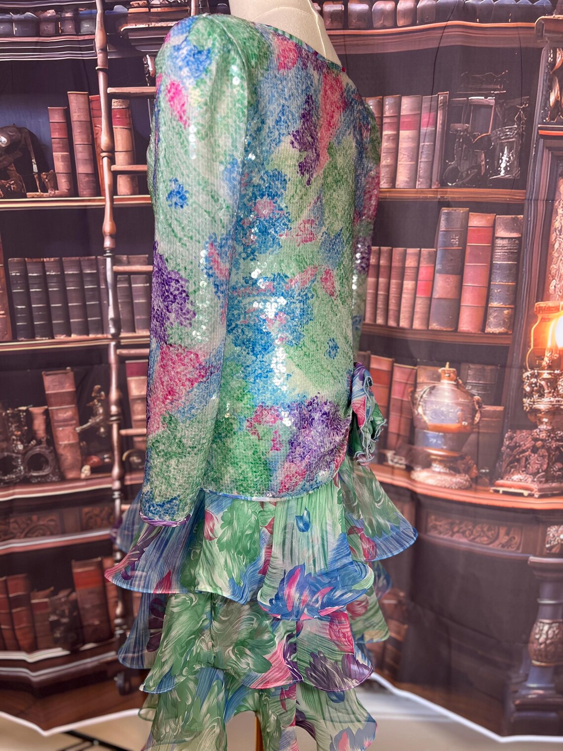 Lilly Rubin USA Made Sequin Tiered Floral Dress | Size 6