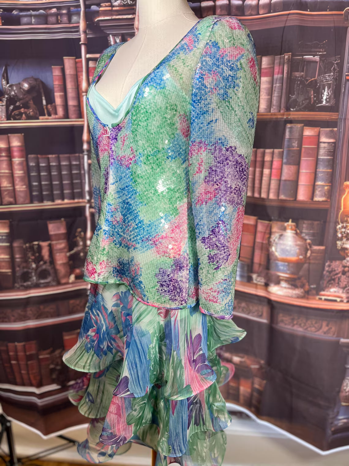 Lilly Rubin USA Made Sequin Tiered Floral Dress | Size 6